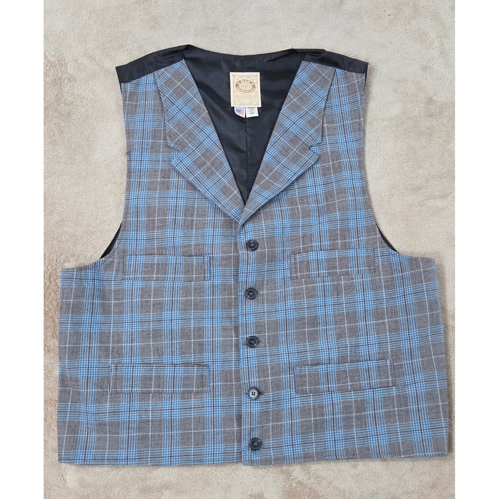 Vintage WahMaker Frontier Dress Vest Houndstooth M Gray Blue Made in USA EUC